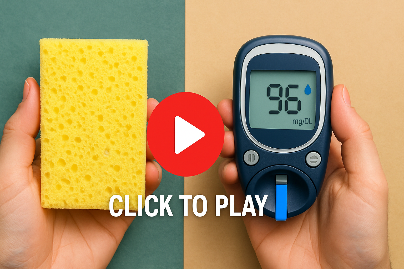 Video thumbnail showing a yellow sponge, a blood sugar meter in hands and a click to play indicator